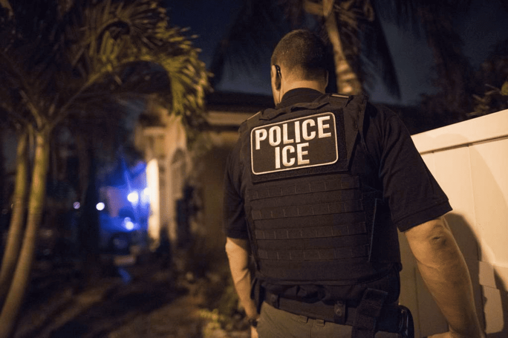 ICE officers detaining a person during an immigration enforcement operation