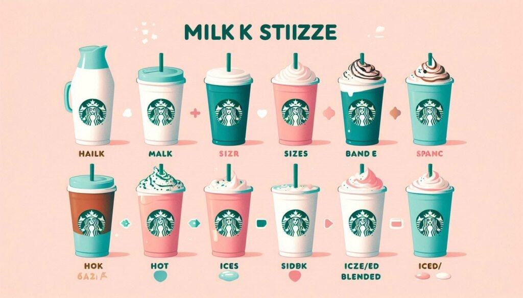 Starbucks drink customization: milk types, sizes, and hot/iced/blended options.
