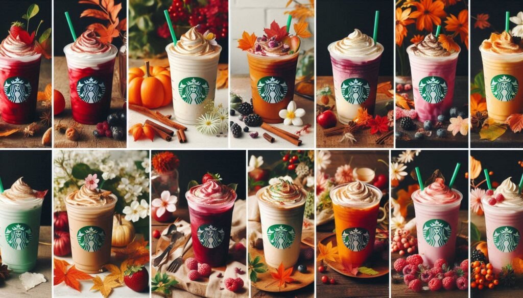 Collage of seasonal Starbucks drinks with autumn leaves, spring flowers, and summer berries